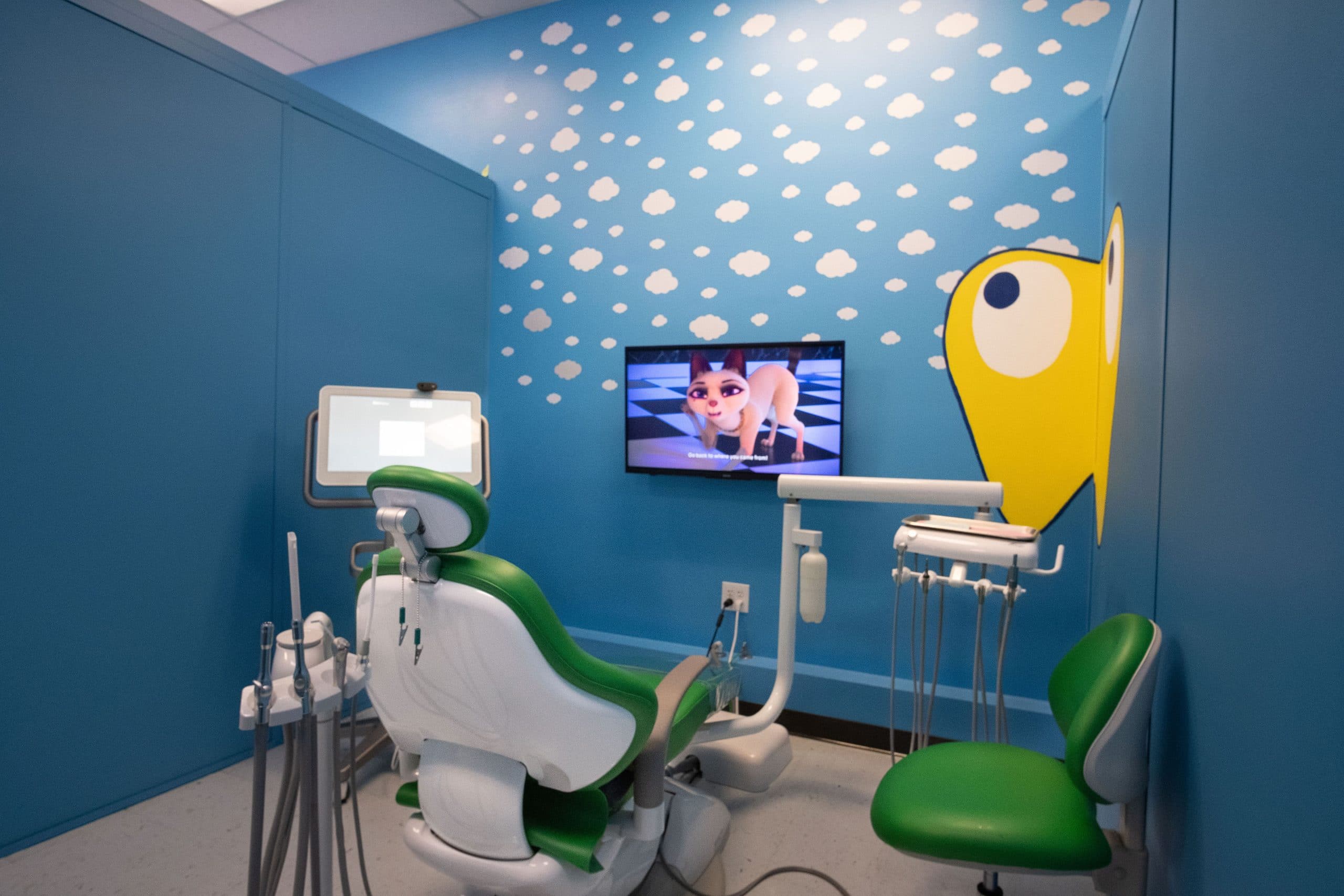 kids dental chair facing tv